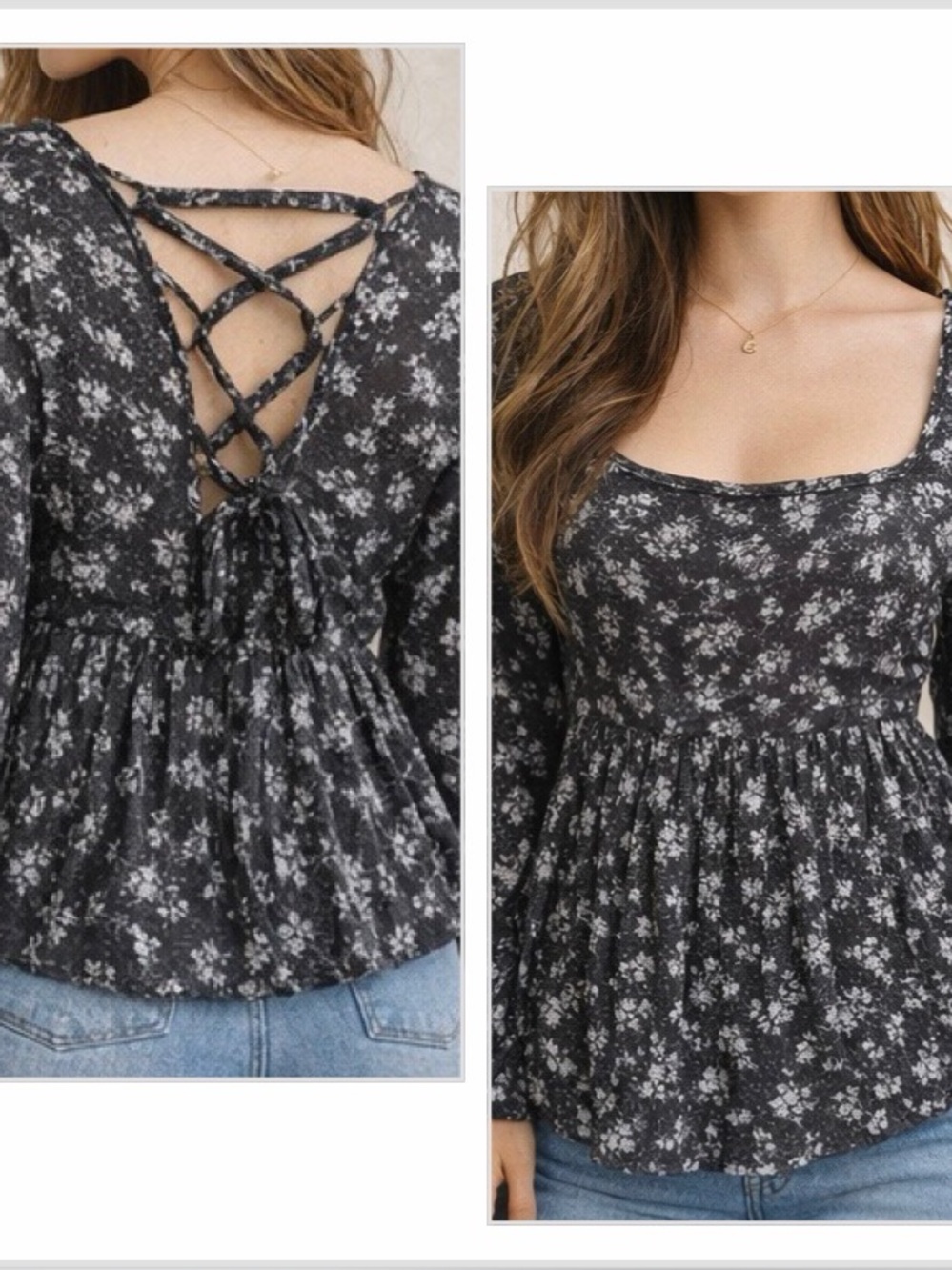 Dark Floral Peplum Blouse Square Neck Lace-Up Back Boho Cottagecore Top L